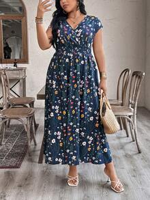 EMERY ROSE Women's V-Neck Ditsy Floral Long Dress, Waist Cinched Relaxed Vacation Style - Multicolor - View 7