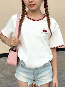 1pc Tween Girl Letter & Cherry Blossom Print Embroidery Decor Short Sleeve Casual T-Shirt, Loose Fit, Cute & Versatile, Suitable For Spring & Summer
