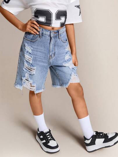 Radiana Tween 女童 Y2K 高腰宽松浅蓝色破洞宽松柔软牛仔百慕大牛仔裤长短裤，带毛边下摆，夏季骑行短裤波西米亚风海滩音乐会狂欢节服装，女童可爱夏季短款毕业服装