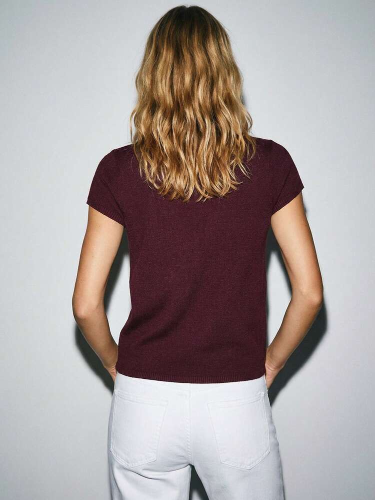 SHEIN Maija Women's Burgundy Elegent Knit Top,Front Button Batwing Sleeve Gem Buckle Summer Work Top,Casual Daily Spring Break Beach Birthday Holiday Vacation