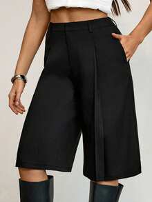 SHEIN Tall Casual Black Woven Fabric Bermuda Shorts For Women Zipper Detail Straight Leg Mid-Length - Black - View 3