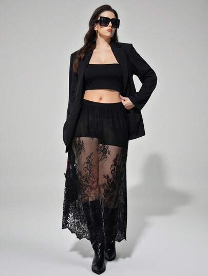 Maija Falda larga a juego de encaje negro de talla grande 2026 para todas las estaciones, ideal para looks elegantes y sexys con encaje transparente. Falda larga a juego de encaje versátil y cómoda, adecuada para vacaciones de verano, estilo bohemio, ropa de playa, pareo de traje de baño