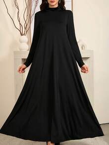 Al Najma 女士保守黑白高领针织长袖打底衫及阿巴雅长袍套装，端庄休闲T恤阿拉伯连衣裙，阿巴雅内衬连衣裙，必备基础款长裙 - 卡其色 - 查看 3