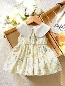 Vintaside Kids Đầm bé gái in hoa, cổ bèo, không tay, kiểu dáng thường ngày. - Màu vàng - Xem 4