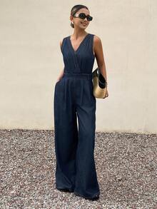 Livesso Sleeveless V-Neck Casual Women Denim Jumpsuit - Blue - View 4