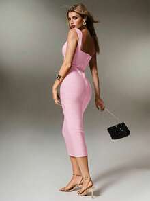 Nuvra Women's Fitted Waist Ribbed Knit Burgundy Midi Bodycon Party Dress - Baby Pink - View 10