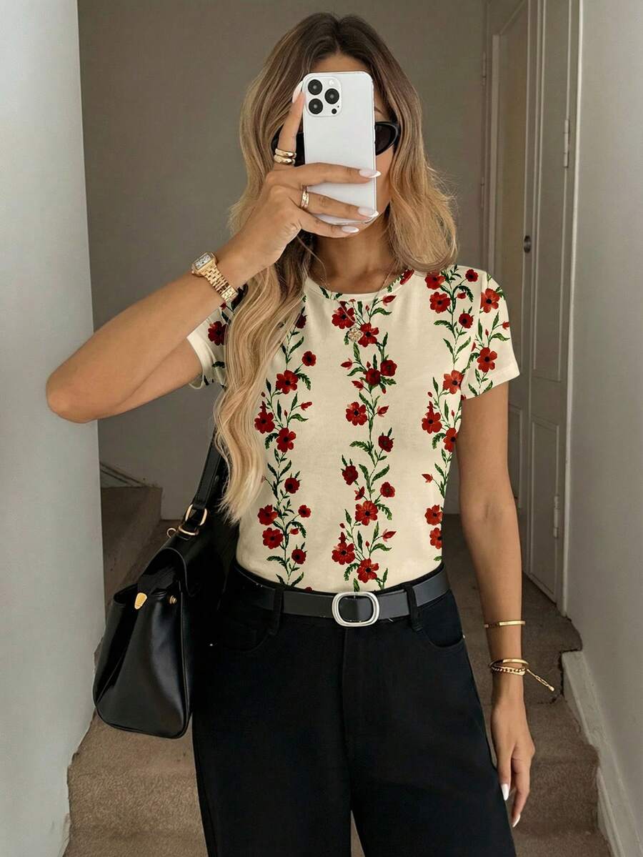 SHEIN LUNE Áo thun nữ tay ngắn cổ tròn dáng ôm, phong cách tối giản, thích hợp cho mùa xuân/hè. - Nhiều màu - Xem 1