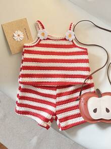 Playful Pals 女婴夏季红白条纹吊带背心和短裤两件套，适合休闲、户外、度假和旅行 - 彩色 - 查看 4