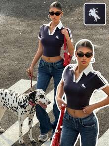 Muchica Áo thun thể thao mùa hè ngắn tay thời trang màu xanh dương, cổ bẻ, khóa kéo một phần, thêu họa tiết. - Xanh và trắng - Xem 7