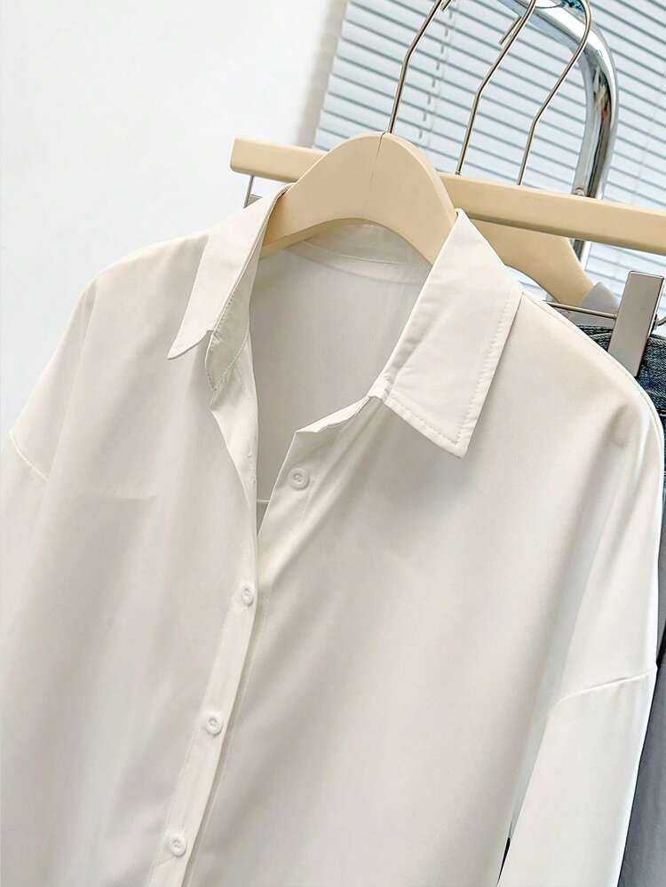 Airaco Women Solid Color Simple Style Button-Up Daily Shirt Fall Cloth For Women - White - View 3