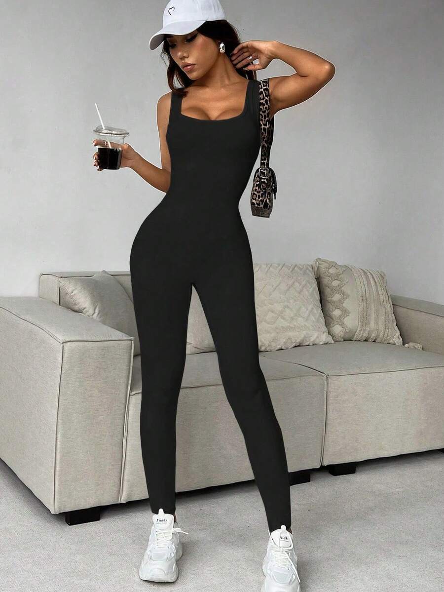 SHEIN EZwear 女士纯色圆领露背无袖连体裤，黑色衣服 - 黑色 - 查看 1