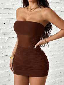 SHEIN PETITE Đầm ống ngắn ôm sát, phối lưới, màu trơn dành cho nữ, kiểu nhún bèo. - màu nâu - Xem 10