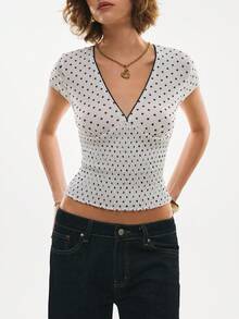 Poéselle Women's Polka Dot Print V-Neck Cap Sleeve Fitted Fashion T-Shirt, Cute Summer Top, White Top, Polka Dot Top, Valentines Day , Elegant Women's Tee , Spring/Summer - Black and White - View 1