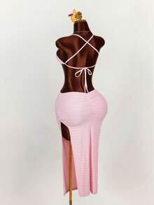 Amplova Shell Metal Decor High Slit Women Dress - Pink - View 7