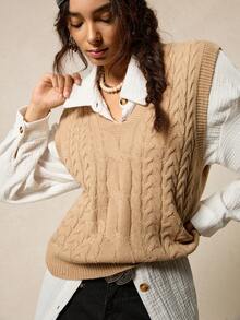 EMERY ROSE V領麻花編織毛衣背心