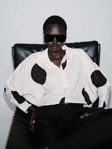 Lumivelle 女士休闲撞色印花蝙蝠袖衬衫，春秋季 - 杏色 - 查看 7