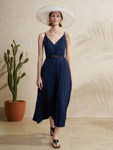 Airaco Women's Casual Pleated Solid Color Slip Dress - Navy Blue - View 7