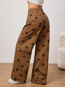 SHEIN PETITE Women's Casual Polka Dot Print Low Waist Loose Wide Leg Pants, Suitable For Daily Commute - Khaki - View 3