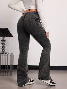 SHEIN Tall Quần jeans ống loe cạp cao có túi, kiểu dáng thường ngày, đa năng dành cho nữ, mùa xuân/hè. - màu đen - Xem 4