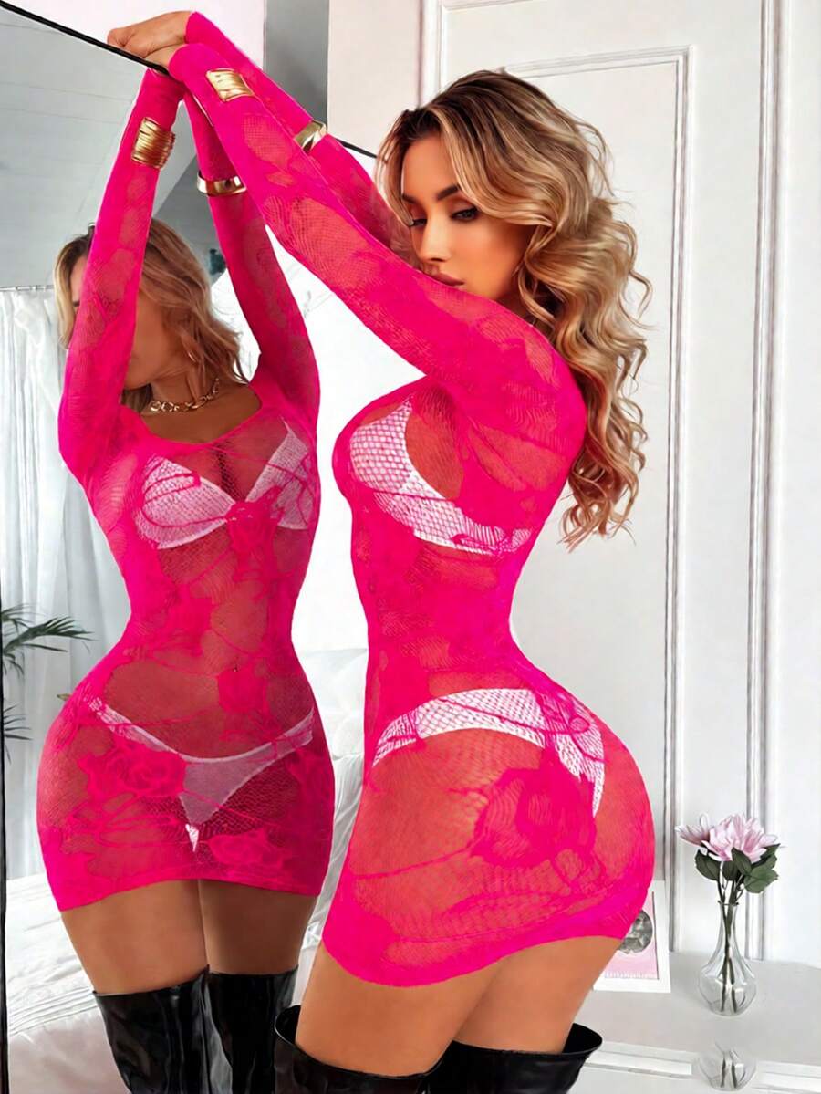 SHEIN 1件女士甜心领长袖透视性感网纱连衣裙 - 玫紅色 - 查看 1