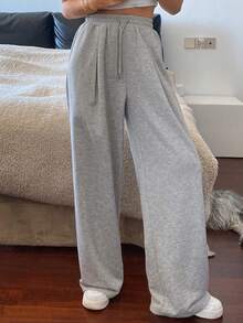Livesso Solid Color Loose Straight Leg Women Sweatpants With Pockets And Drawstring Waist,Women Joggers Fall - Grey - View 3