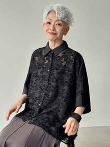 FRIFUL 女士纯黑色薄纱蕾丝拼接露背宽松休闲百搭上衣 - 黑色 - 查看 7