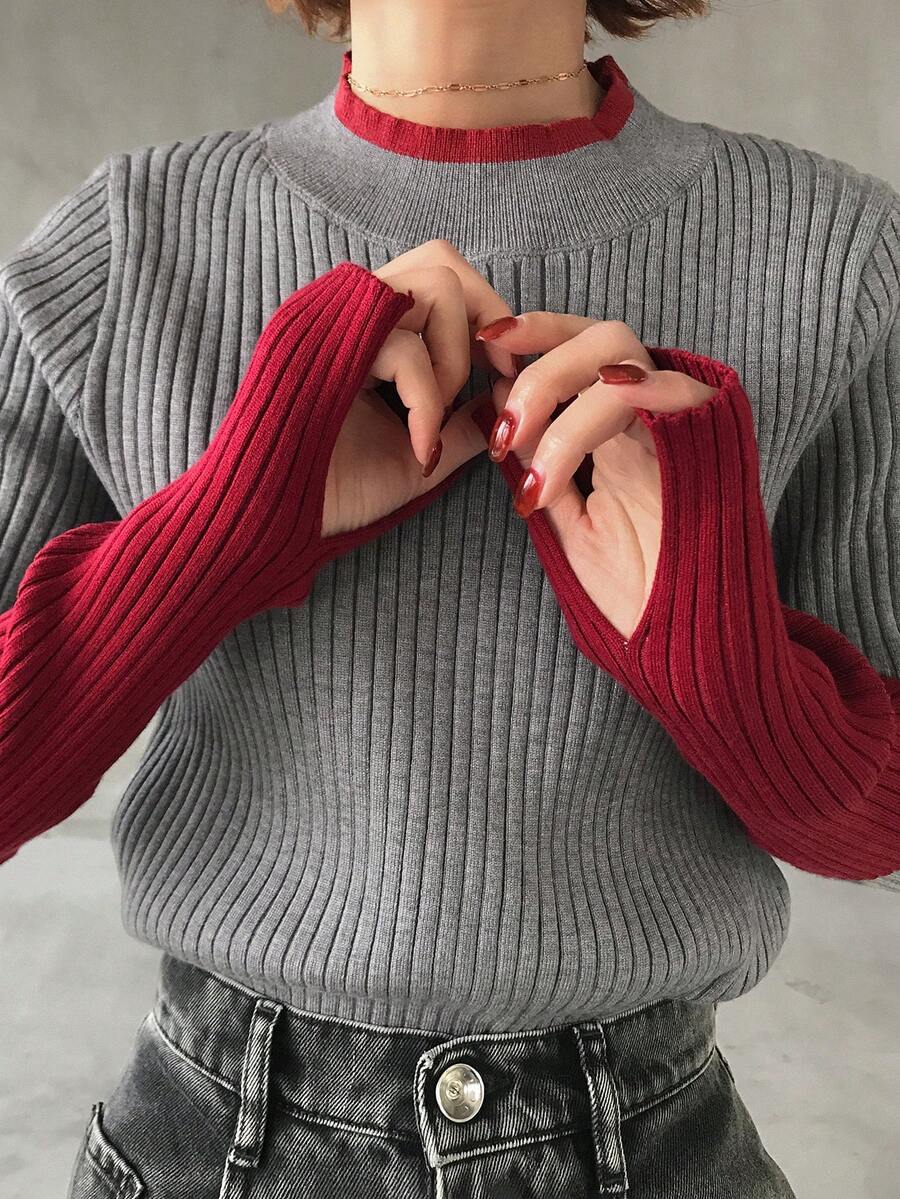 FRIFUL Áo len nữ cổ cao, tay dài, dáng rộng, phối màu tương phản, thích hợp mặc mùa thu. - Xám - Xem 1