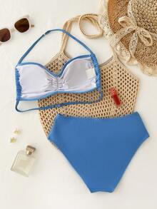 Teen Girls Vacation Style Blue Halter Bikini Set With 3D Rose Accents And Mid Waist Bottom - Blue - View 1