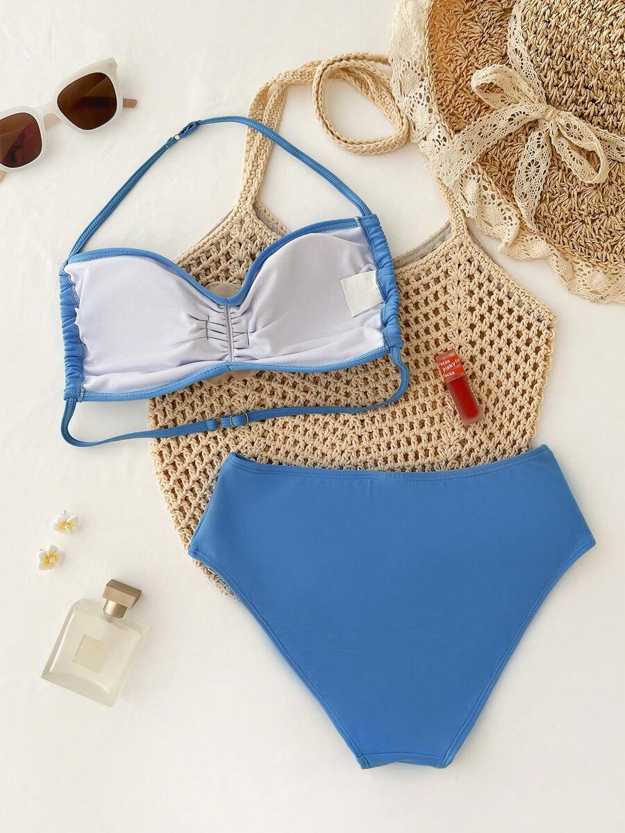 Teen Girls Vacation Style Blue Halter Bikini Set With 3D Rose Accents And Mid Waist Bottom - Blue - View 1