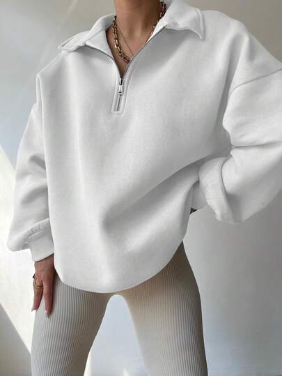 INAWLY Women's Casual Everyday Commute Simple Solid Color Half Zip Up Lapel Dropped Shoulder Loose White Sweatshirt, Spring/Autumn