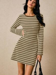 Poéselle Women's Casual Everyday Commute Full Print Flare Sleeve Waist Cinched Dress, Spring/Autumn - Brown - View 3