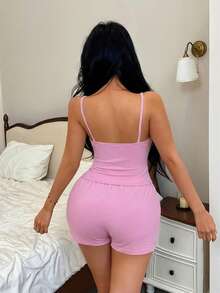 Casual Minimalist Camisole Women's Pajama Set - Pink - View 2