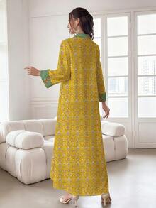 SHEIN Najma 女士几何图案椰树印花V领长袖优雅阿拉伯风格长款连衣裙，春季 - 彩色 - 查看 2