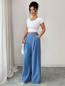 Chiquease Women's Dusty Blue Summer Casual Vacation High-Waisted Wide-Leg Pants,Textured Fabric Single-Breasted Pleated Flowing Loose Trousers For Work,Daily - Blue - View 6