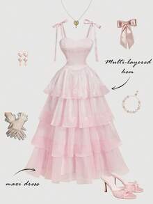 SHEIN MOD Women's Elegant Party Dress, Solid Color Sleeveless With Ruffle Hem And Knot Detail On Shoulder, Summer, Garden Party Formal Dress ,Tea Party Outfit Women, Valentine's Day Dress, Carnival Clothes, Beach Dress, Wedding Guest Dress For Women, Birthday Dress For Women, Elegant Dresses For Party, Vacation Dress, Pink Dress, Multi-Layered Skirt Dress, Bridesmaid Dress - Pink - View 4