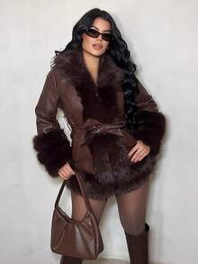 Dayanna Comas 新款秋冬毛绒夹克配狐狸毛边饰，女士长款毛茸茸皮草大衣简约时尚， - 咖啡棕 - 查看 1