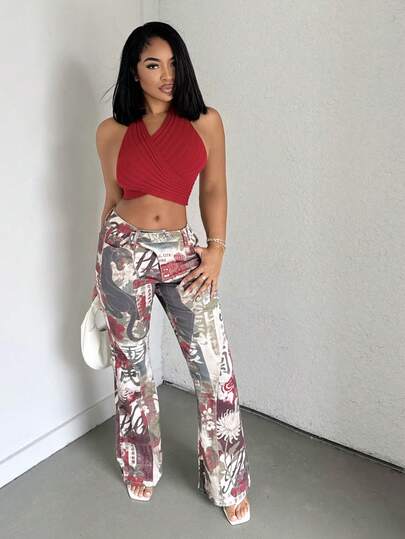 Alexandranx Sommarsexig enfärgad korsvis omlott rygglös stickad topp med grimma