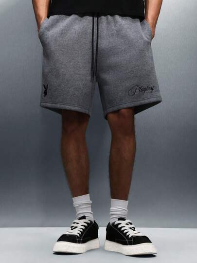 PLAYBOY X SUMWON 男士休闲套穿针织短裤，抽绳腰带，松紧带设计，夏季居家运动短裤，中长款