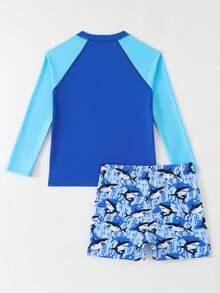 8-12 Years Old Boys' Shark Print Long Sleeve Swimsuit, Student Swimming Suit, Beach Vacation Surfing Stylish Ocean Theme Swimwear Set - Multicolor - View 2