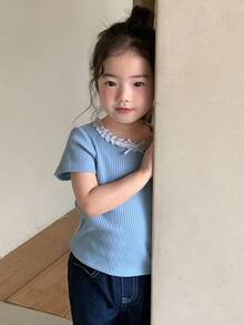 DAZY Toddler Girls' Round Neck Lace Patchwork Korean Style Bow Long Sleeve T-Shirt - Blue - View 4