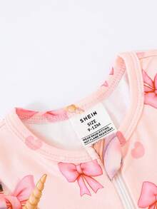 女婴紧身粉色蝴蝶结独角兽数码印花长袖拉链连体衣 - 粉色 - 查看 4