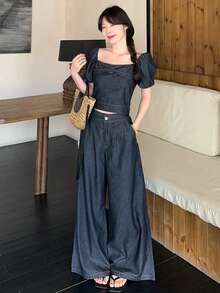 DAZY 女士3D蝴蝶结棉质牛仔上衣和高腰牛仔裤套装，时尚牛仔套装 - 藍色 - 查看 1