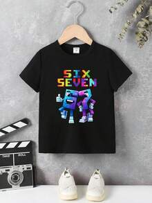 Coolqubz 4-Season Versatile  Boys' Casual Fashion Creative Personalized Refreshing High-End Simple Colorful Digital 67 Lightning Graphic Letter Slogan Printed Relaxed Fit All-Match Short Sleeve T-Shirt, Comfortable Cozy Summer And Fall Styles Suitable For Tween Boys' Daily Casual Outfits - Black - View 2