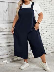 SHEIN CURVE+ Overall Hitam Wanita Ukuran Besar dengan Tali Bahu yang Dapat Diatur, Penutup Kancing, dan Saku di Bagian Kaki yang Terbelah untuk Musim Semi - Navy Blue - View 3