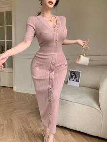 DAZY 女士优雅纯色V领纽扣假口袋针织毛衣连衣裙，春夏款，婚礼宾客礼服 - 粉色 - 查看 4