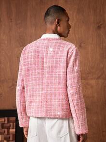 AKNOTIC Business Casual Men's Plaid Print Button Front Pocket Long Sleeve Cardigan Jacket - Pink - View 8