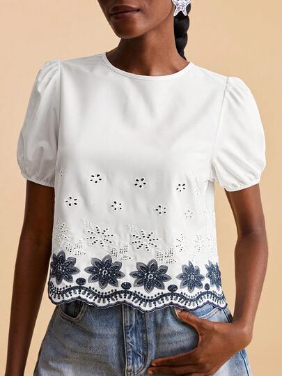 Travachic Women's Floral Embroidery Round Neck Short Puff Sleeve Casual Blouse,Vacation Casual Terno Outfit For Women,Summer Holiday Outfits,Spring Break Outfits,Party Outfit,Beach Outfit,Spring Clothing,Valentine's Day,Valentine Outfits For Women,Carnival Costume,Elegant,Floral,Carnival,Spring To Summer ,Party ,Summer Tops,Valentine's Day Tops,Wedding Guest Tops For Women,Birthday Tops,Party Tops,Elegant Tops For Women,Floral Tops,Summer Tops,Carnival Costume, Mexican Style Tops Women Boho Tops For Women