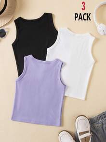 SHEIN Playful Pals 3件套女童纯色圆领简约时尚百搭吊带背心，夏季 - 彩色 - 查看 2