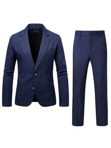 Manfinity Bizformal Men's Solid Color Lapel NeckLong Sleeve Suit Jacket And Pants Business Formal Suit Set - Navy Blue - View 4