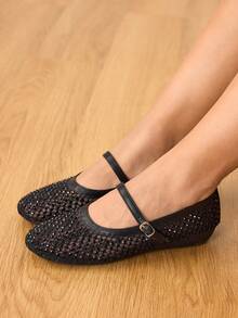 CUCCOO HITCHD Women's Fashionable & Elegant Rhinestone Decor Buckle Flats - Black - View 6